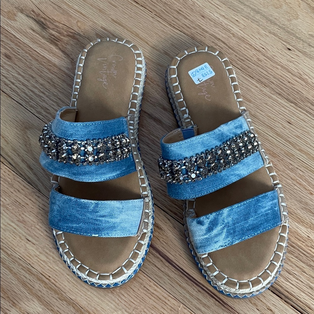 Crown Denim Blue Jeweled Double-Strap Sandals